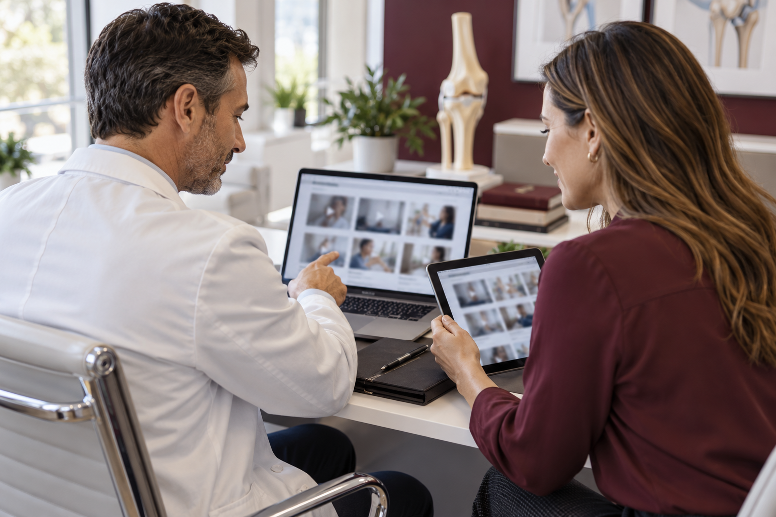 Illustrative image of a physician and practice manager reviewing digital content