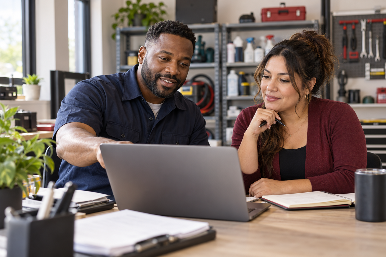 Illustrative image of a home services business owner and office manager reviewing digital content