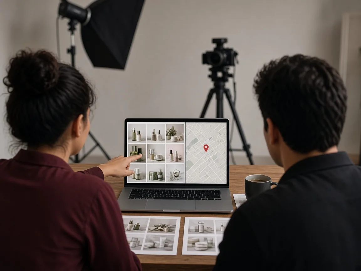 Creative team reviewing product content and local business visibility on a laptop