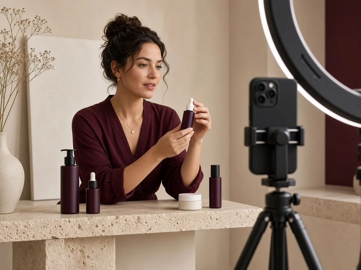Beauty brand owner filming a short product video with her phone
