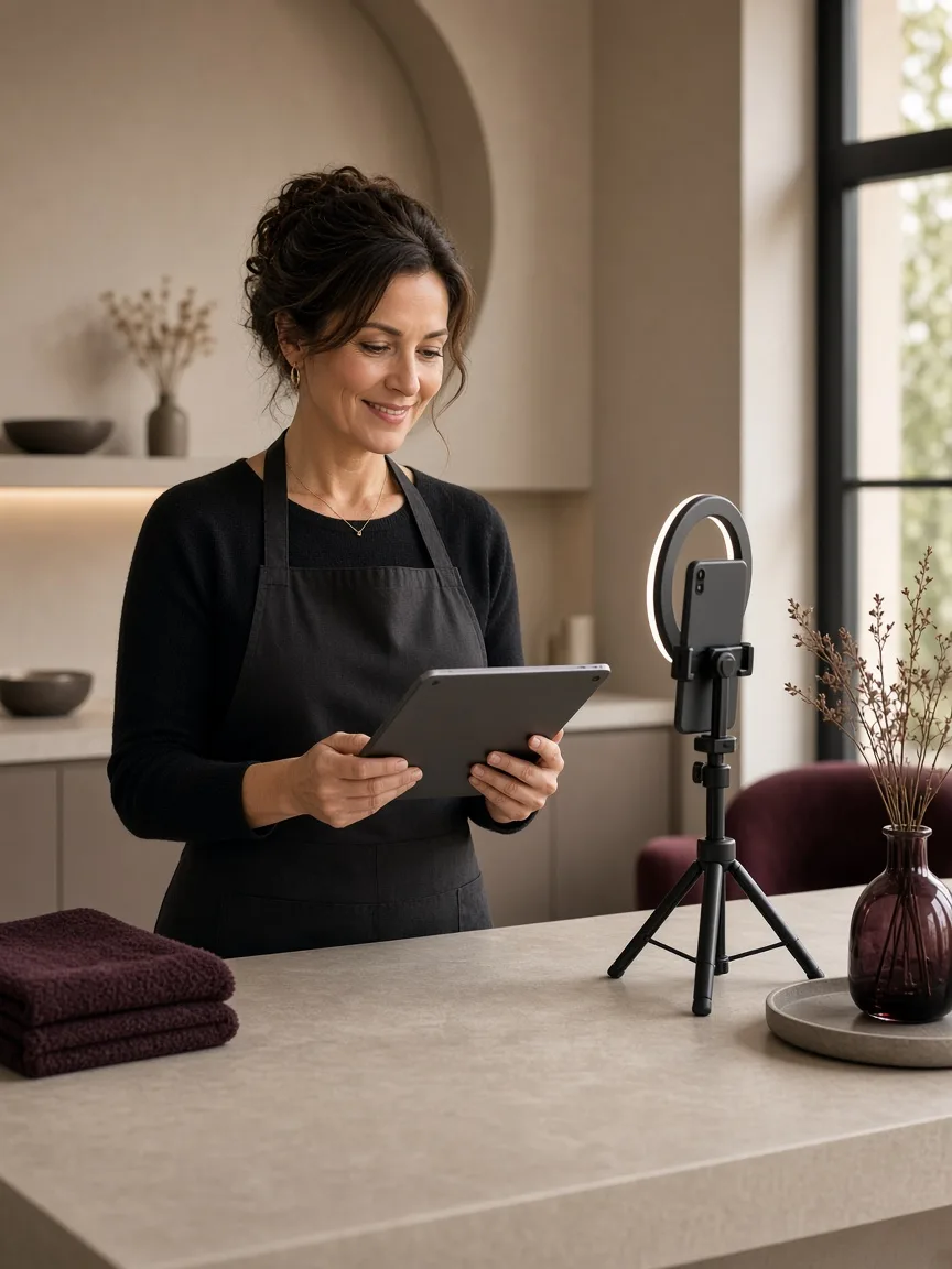 Skincare studio owner reviewing social media content on a tablet