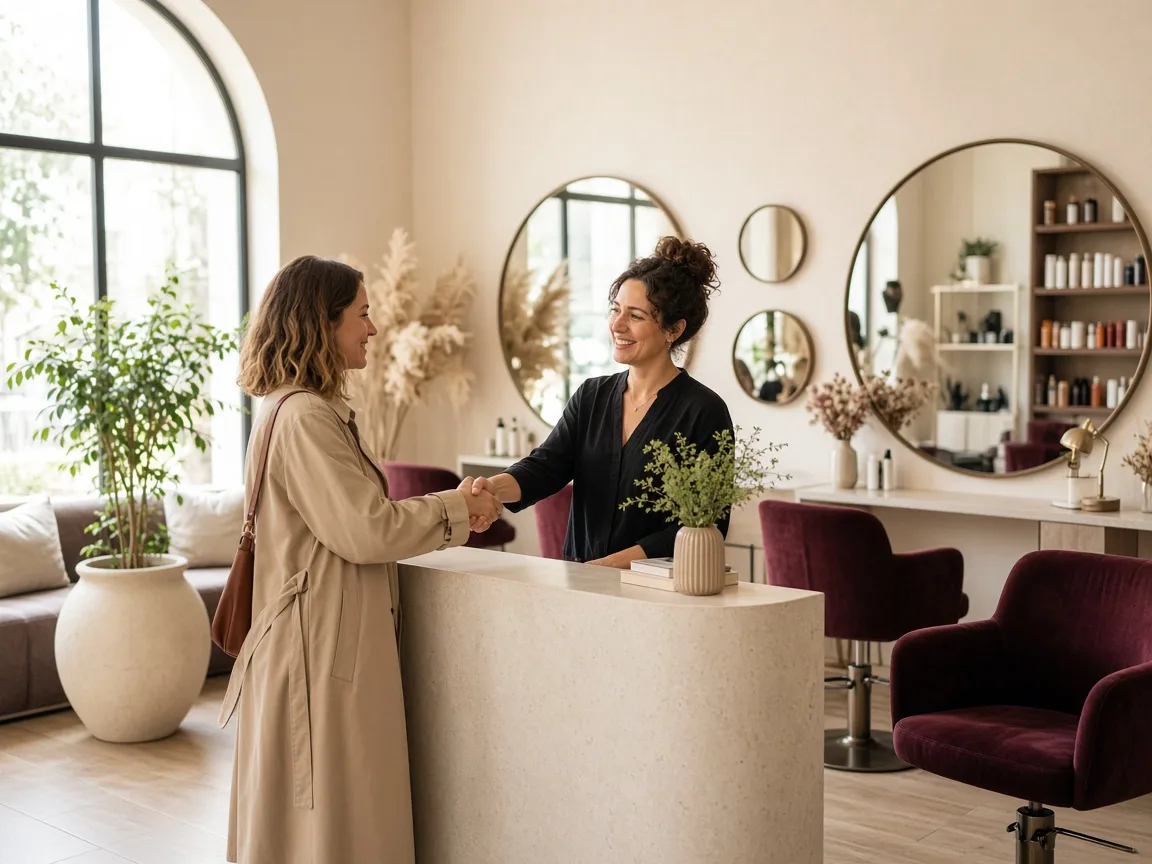 Salon owner welcoming a client at the front desk