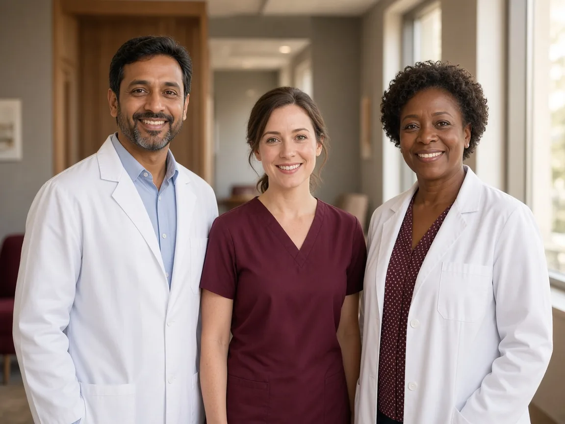 Three smiling doctors in a modern medical practice